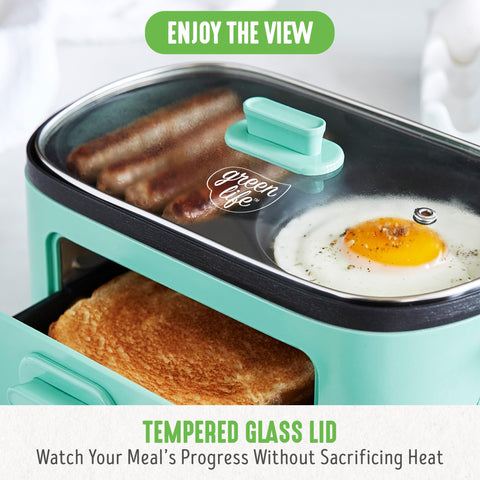 GreenLife 3-in-1 Breakfast Station, Ceramic Nonstick PFAS-Free Dual Griddles for Eggs Meat Pancakes & Sandwiches + 2-Slice Toast Drawer, Healthy Cooking, Timer, Versatile Morning Meal Maker, Turquoise GreenLife