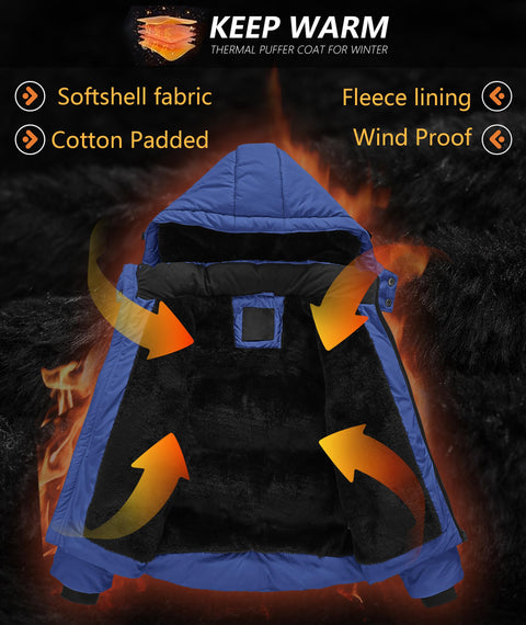 RBYEKP Winter Ski Coat for Kids Warm Lining Boys Thermal Puffy Jackets with Removeable Hood Ski Puffer Coat for Youth Zipper Dark Blue L (10-12)