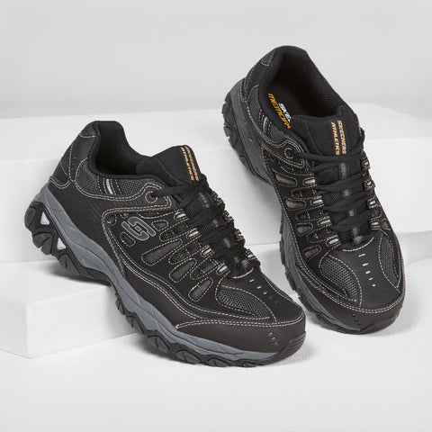 Skechers Men's Afterburn M. Fit Fashion Sneakers – Leather Upper, Memory Foam Insole, Rubber Outsole, Black/Charcoal, 10.5 X-Wide