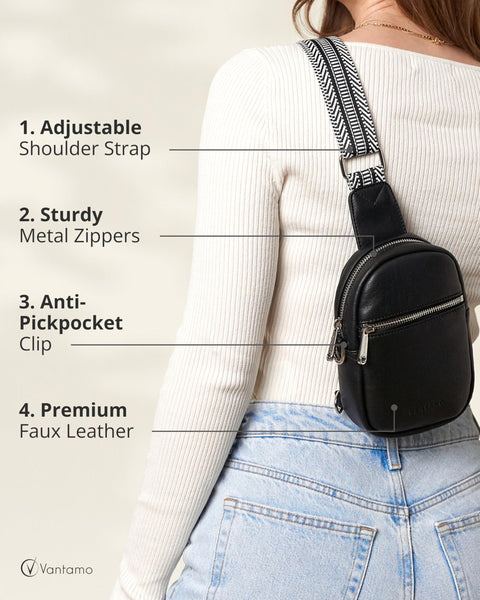 Vantamo Small Crossbody Bags for Women 29"-52" Adjustable Strap, Extra Safe Sling Bag with RFID & Anti-Pickpocket Clip, PU Leather Cross Body Fanny Packs with Gift Box, Onyx Bags for Women