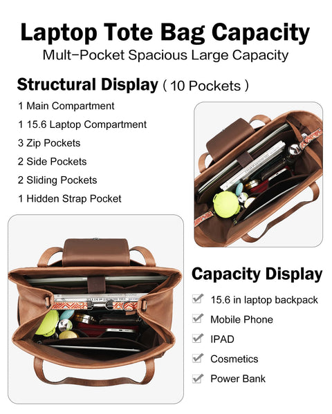 FADEON Large Laptop Tote Bag for Women Designer Leather Laptop Bag Fashion Travel Backpack Purse Shoulder Handbag Brown FADEON