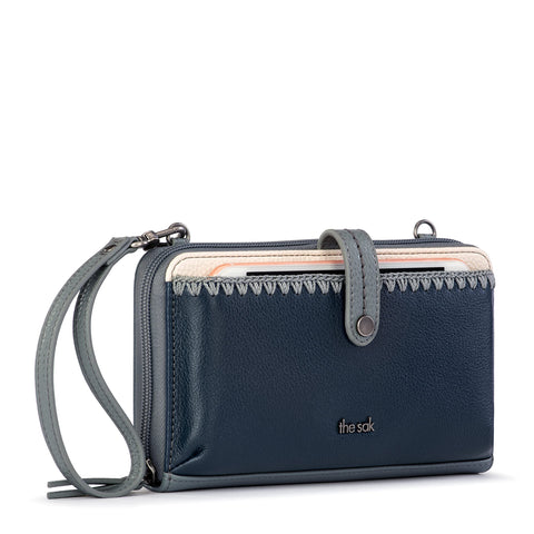 The Sak Iris Smartphone Crossbody Purse - Women's Cellphone Bag & Wallet For Everyday - Convertible Wristlet With Zipper in Dusty Blue Block/Leather The Sak