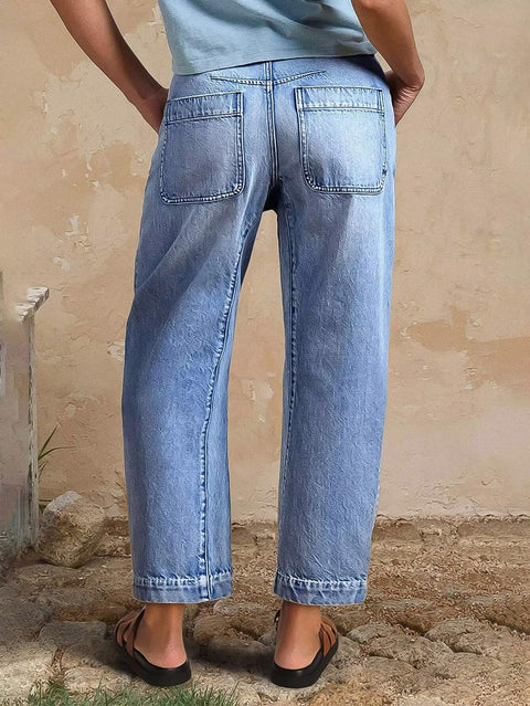 Flamingals Straight Leg Cropped Jeans for Women Barrel Casual Mid Rise Wash Stitch Detail Denim Jeans Without Belt Light Blue L