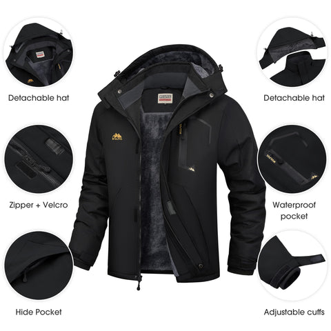WULFUL Men's Ski Jackets Warm Winter Snow Windbreaker Resistant Snowboard Fleece Coat Mountain Waterproof Parka with Hood Black X-Large