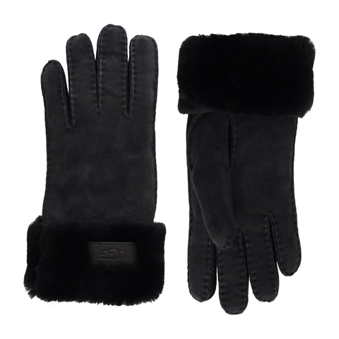 UGG Women's Leather Turn Cuff Water Resistant Sheepskin Shearling Lined Winter Gloves, Black, Large UGG