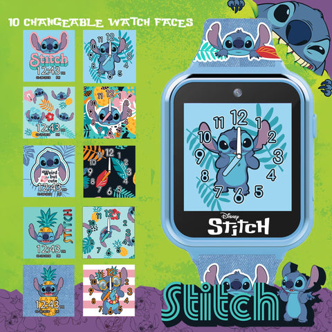 Disney Stitch Kids Smart Watch with 10 Customizable Faces, Camera, Voice Recorder, Calculator, and Step Counter – Touchscreen Interactive Watch for Kids – Blue Silicone Strap