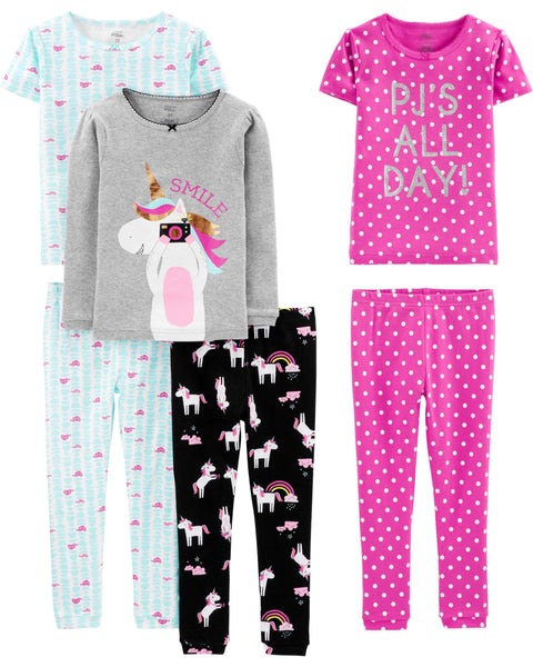 Simple Joys by Carter's Girls' 6-Piece Snug Fit Cotton Pajama Set, Black Unicorn/Blue Tortoise/Grey Heather/Pink Polka Dot, 8