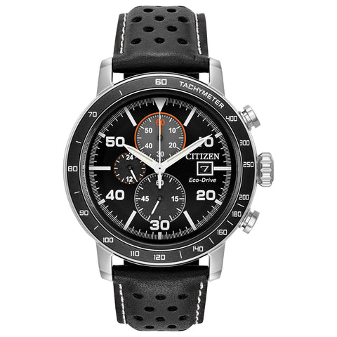 Citizen Men's Eco-Drive Weekender Brycen Chronograph Watch in Stainless Steel, Black Leather strap, Black Dial (Model: CA0649-14E) Citizen