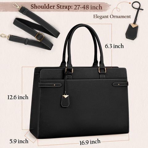 Laptop Bag for Women 15.6 Inch Leather Tote Bag Professional Work Bag Waterproof Computer Briefcase Business Office Bag Large Capacity Handbag Shoulder Bag, Black IGOLUMON