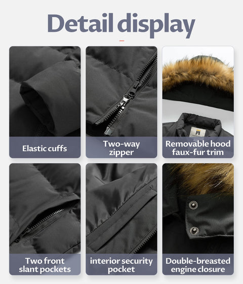 CREATMO US women's Maxi Long Quilted Jacket Water Repellent Winter Warm Coat With Detachable Hood Grey M