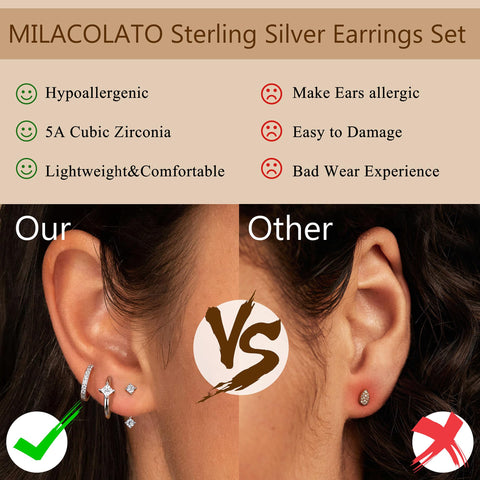 MILACOLATO 925 Sterling Silver Earrings for Women, Sterling Silver Filled Small Huggie Hoop Earrings Sets for Multiple Piercing Hypoallergenic Jewelry, CZ Cartilage Earrings Stacks Trendy Jewelry Gifts, 3 Pairs