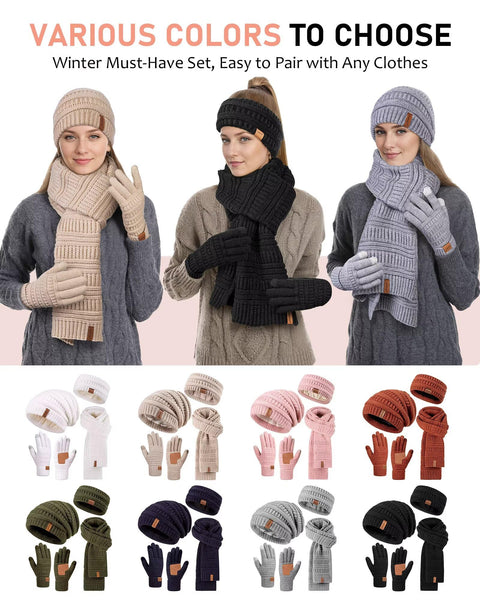 Womens Winter Beanie Hat Scarf Gloves Headband Set, Slouchy Beanie Ear Warmer with Fleece Lined Knit Neck Scarf Touchscreen Gloves, 4 Piece Warm Gifts Set for Mom Her Cold Weather(Oatmeal)