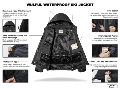 WULFUL Women’s Waterproof Snow Ski Jacket Mountain Windproof Winter Coat with Detachable Hood WULFUL
