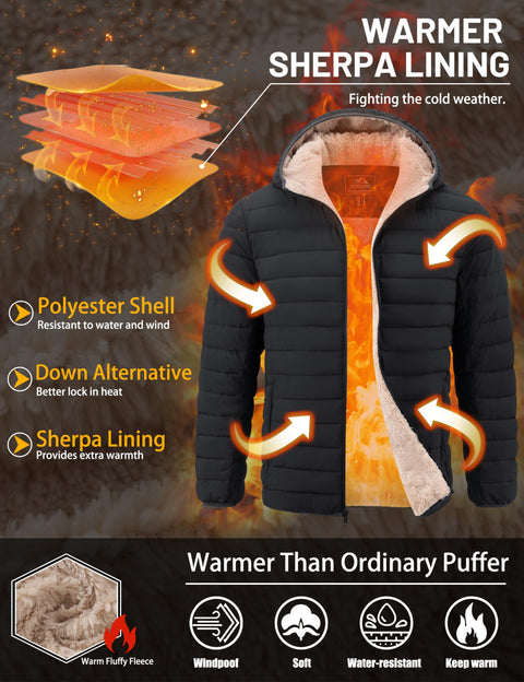 TACVASEN Puffer Jacket Men Warm Winter Jackets Sherpa Lined Water Resistant Thick Insulated Down Coats with Hood Black L