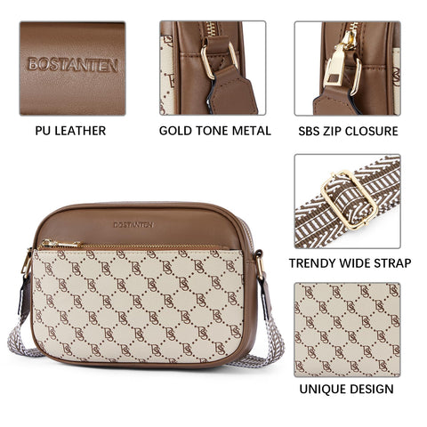 BOSTANTEN Quilted Crossbody Bags for Women Vegan Leather Purses Small Shoulder Handbags with Wide Strap Coffee with Beige BOSTANTEN