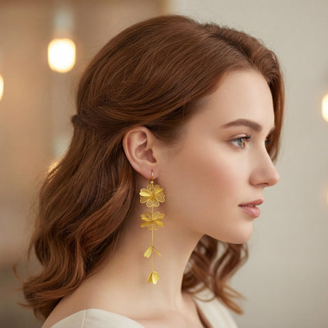 Kaleido Fashion Floral Dangle Earrings, 18K Gold Plated Hypoallergenic Earrings for Women, Elegant Design for Daily Wear, Office, Party and Gift