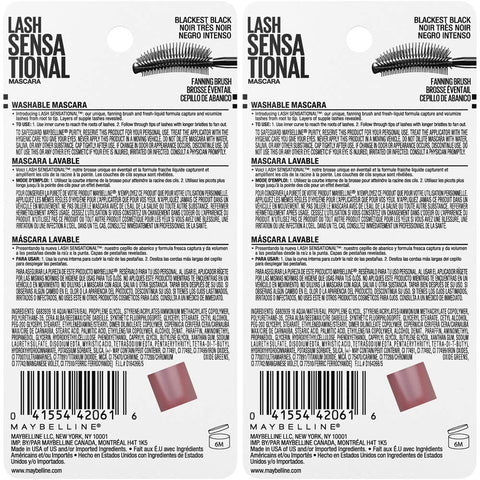 Maybelline Lash Sensational Washable Mascara, Lengthening and Volumizing for a Full Fan Effect, Blackest Black, 2 Count
