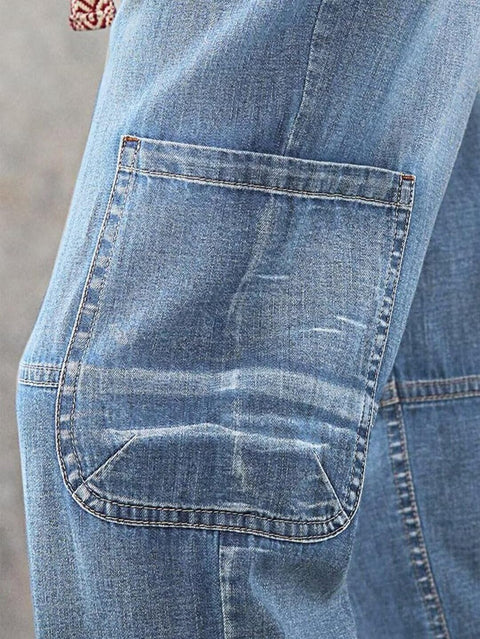 Flamingals Straight Leg Button Fly Jeans for Women Multi Pocket Mid Rise Jeans Without Belt Denim Pants Light Blue M