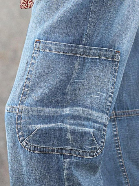 Flamingals Straight Leg Button Fly Jeans for Women Multi Pocket Mid Rise Jeans Without Belt Denim Pants Light Blue M