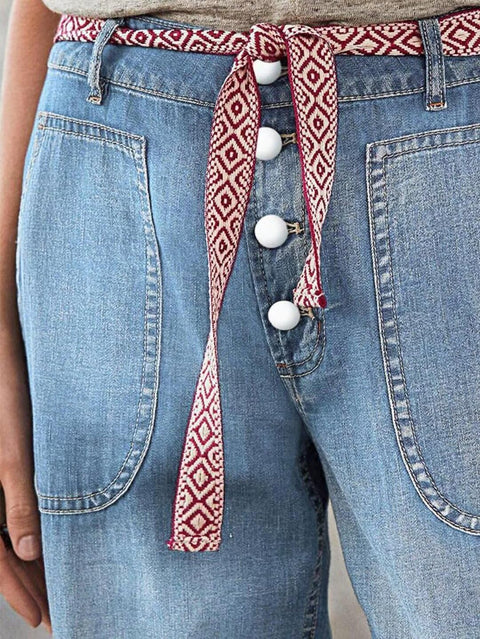 Flamingals Straight Leg Button Fly Jeans for Women Multi Pocket Mid Rise Jeans Without Belt Denim Pants Light Blue M