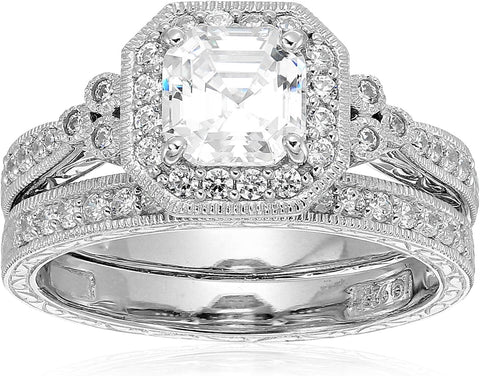 Amazon Essentials Platinum Plated Sterling Silver Infinite Elements Cubic Zirconia Asscher Antique Ring, Size 9 (previously Amazon Collection) Amazon Essentials