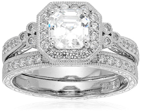 Amazon Essentials Platinum Plated Sterling Silver Infinite Elements Cubic Zirconia Asscher Antique Ring, Size 9 (previously Amazon Collection) Amazon Essentials
