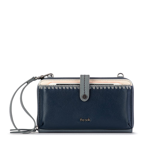 The Sak Iris Smartphone Crossbody Purse - Women's Cellphone Bag & Wallet For Everyday - Convertible Wristlet With Zipper in Dusty Blue Block/Leather The Sak