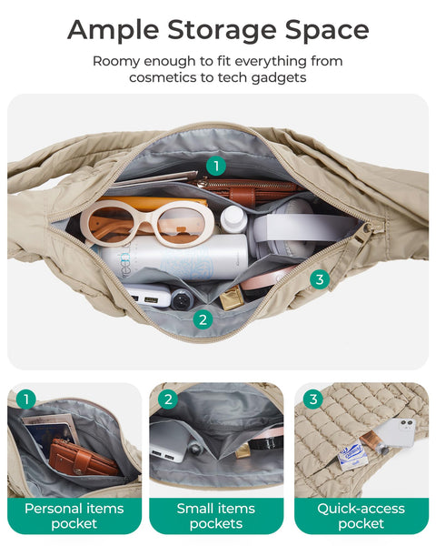 BAGSMART Crossbody Bag for Women, Quilted Puffy Hobo Purse Soft Fluffy Cute Shoulder Handbag for Daily Use, Small/Large