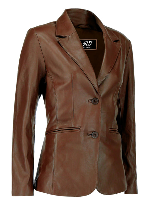 Jild Classic 2-Button Lambskin Leather Blazer Women - Casual Coat Long Sleeves Suit Style Leather Jacket Women (LC-Brn-3XL) Jild