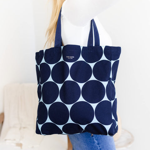kate spade new york Canvas Tote Bag for Women, Cute Tote Bag for Teacher, Blue Canvas Beach Bag, Book Tote with Pocket, Joy Dot