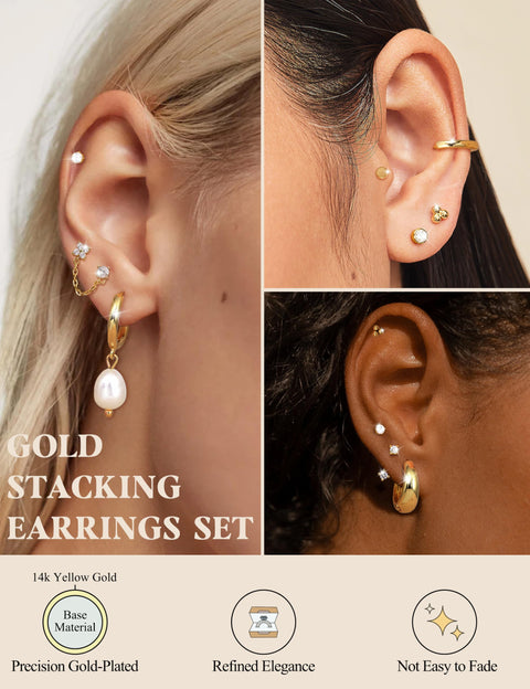 LOLIAS Flat Back Earrings for Women Hypoallergenic Surgical Steel Earrings for Sensitive Ears-20G Cartilage Earring Stacks 14K Gold Plated Hoops Flatback Stud Earring Sets for Multiple Piercing 14K Gold Plated