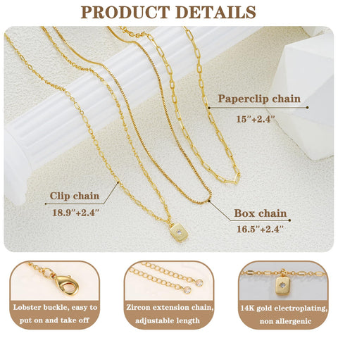 YEEZII 14K Gold Plated Layered Necklaces for Women Trendy, Dainty Choker Paperclip Box Chain Necklace, Stackable Women's Pendant Necklaces Jewelry Set