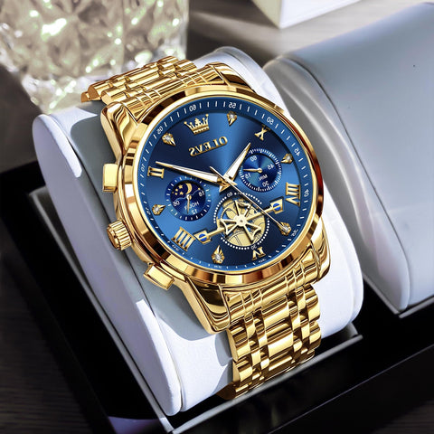 OLEVS Mens Gold Watches Dress Chronograph Watch Men Stainless Steel Diamond Multi-Function Men's Analog Watches Quartz Luxury Moon Phase Casual Blue Large Face Watch for Men Luminous Easy to Read