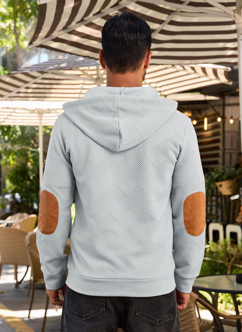 Mens Fashion Pullover Hoodies Long Sleeve Thermal Drawstring Button Texture Hooded Sweatshirt Grey