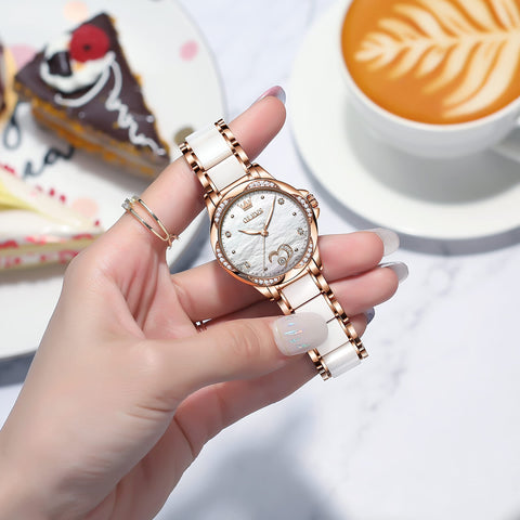 OLEVS Automatic Self Winding Watch for Women Rose Gold Stainless Steel Ceramic Women Wrist Watches Large Face White Heart Diamond Mother of Pearl Waterproof Date Ladies Watch for Women Two Tone OLEVS