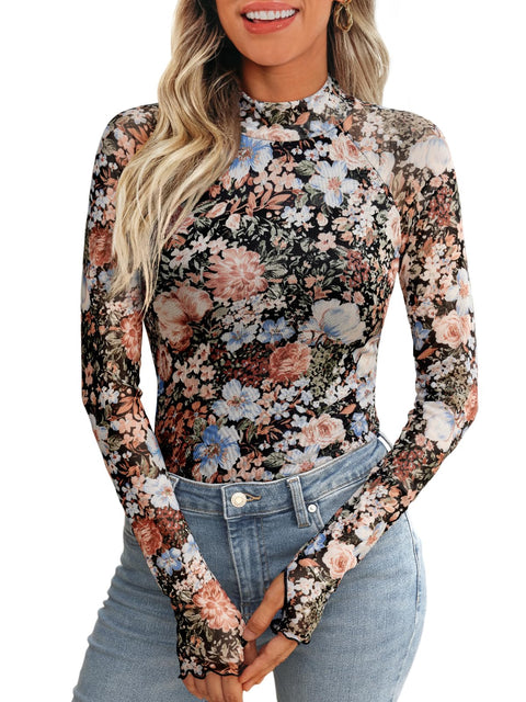Dealmore Lace Sheer Long Sleeve Floral Mesh Mockneck Trendy Cute Going Out Tops for Women Fall Fashion Outfits 2025 Clothes Floral Fierce M