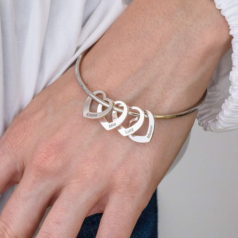 MyNameNecklace MYKA - Personalized Bracelet Bangle with Heart Pendants - Custom Made Multiple Pendant Jewelry Wife Women Christmas Gift (Sterling Silver) MyNameNecklace