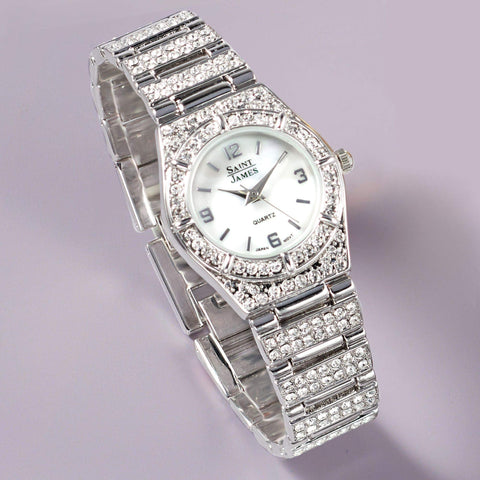 Ross-Simons Saint James Women's 25mm Crystal and Mother-of-Pearl Watch in Stainless Steel Ross-Simons