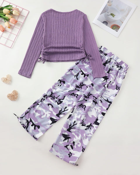Yhnslsf Girls Clothes size 9 10 Tween Girl Clothing Long Sleeve Ruched Drawstring Ribbed Knit T Shirt Purple Camo Cargo Pants Kids Trendy School Fall Winter Outfits