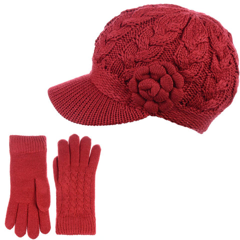 BYOS Womens Winter Warm Lined Flower Cable Knit Newsboy Cabbie Hat & Gloves Set Be Your Own Style