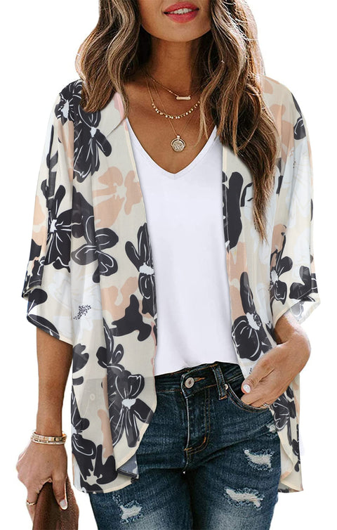 Women Kimono Cardigan Sheer Beach Coverups Chiffon Loose Casual Open Front Tops (Dasiy KhakiL) CHICGAL