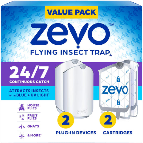Zevo 2 Flying Insect Traps & 2 Cartridges - Plug In Fly Trap & Indoor Bug Catcher for Gnats, House & Fruit Flies - Mess-Free - Use in Any Room - Uses Blue & UV Light (2 Plug In Devices & 2 Cartridges) ZEVO