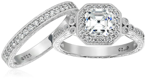 Amazon Essentials Platinum Plated Sterling Silver Infinite Elements Cubic Zirconia Asscher Antique Ring, Size 9 (previously Amazon Collection) Amazon Essentials
