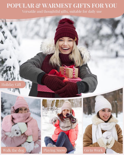 Womens Winter Beanie Hat Scarf Gloves Set, Cute Pom Pom Beanie with Warm Fleece Lined Long Knit Neck Scarf Touchscreen Gloves, 3 Piece Set for Cold Weather(Black) SENPUKI