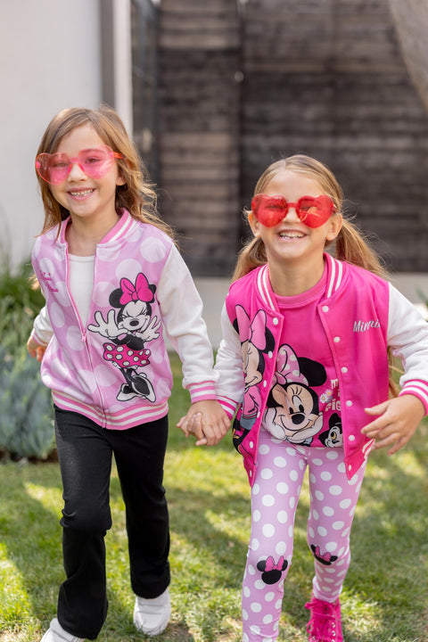 Disney Minnie Mouse Little Girls Jacket Varsity Bomber Letterman Baseball Kids Fall Clothes Polka Dot Lightweight Sweatshirt Colorblock Zip-up Coat 3T