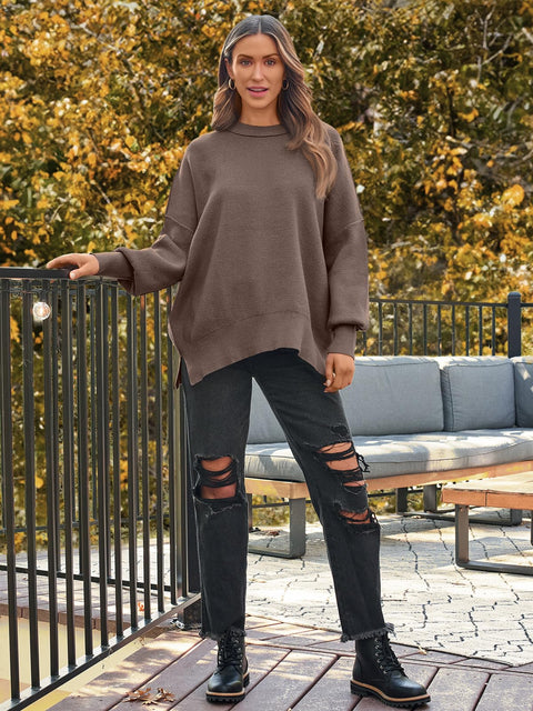 LILLUSORY Oversized Sweaters for Women 2025 Fall Fashion Outfits Trendy Crewneck Knit Cute Lightweight Sweater Pullover Tops Long Sleeve Shirts Winter Clothes Nutmeg M