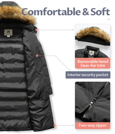 CREATMO US women's Maxi Long Quilted Jacket Water Repellent Winter Warm Coat With Detachable Hood Grey M