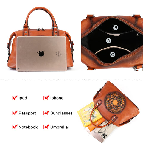 Leather Handbag for Women, Genuine Leather Purses Retro Mandela Crossbody Handbag Tote Bag (Retro Brown) Zhuoliang