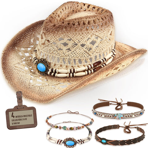 Straw Cowboy Hat Western Cowgirl Hat with Four Decorative Bands, Hat Size Fits 21 7/8 to 23, Wide Brim, Beige