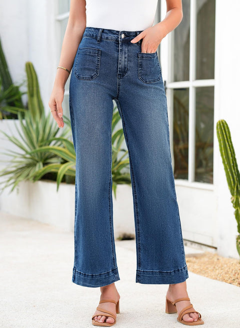 Astylish Straight Leg Jeans for Women High Waisted Loose Denim Pants Casual Baggy Jean Trousers with Patch Pockets Size 8 Dusk Blue